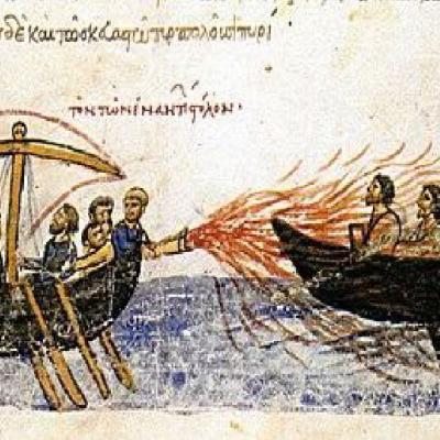 z jedné lodi něco šlehají na druhou loď, ilustrace z rukopisu